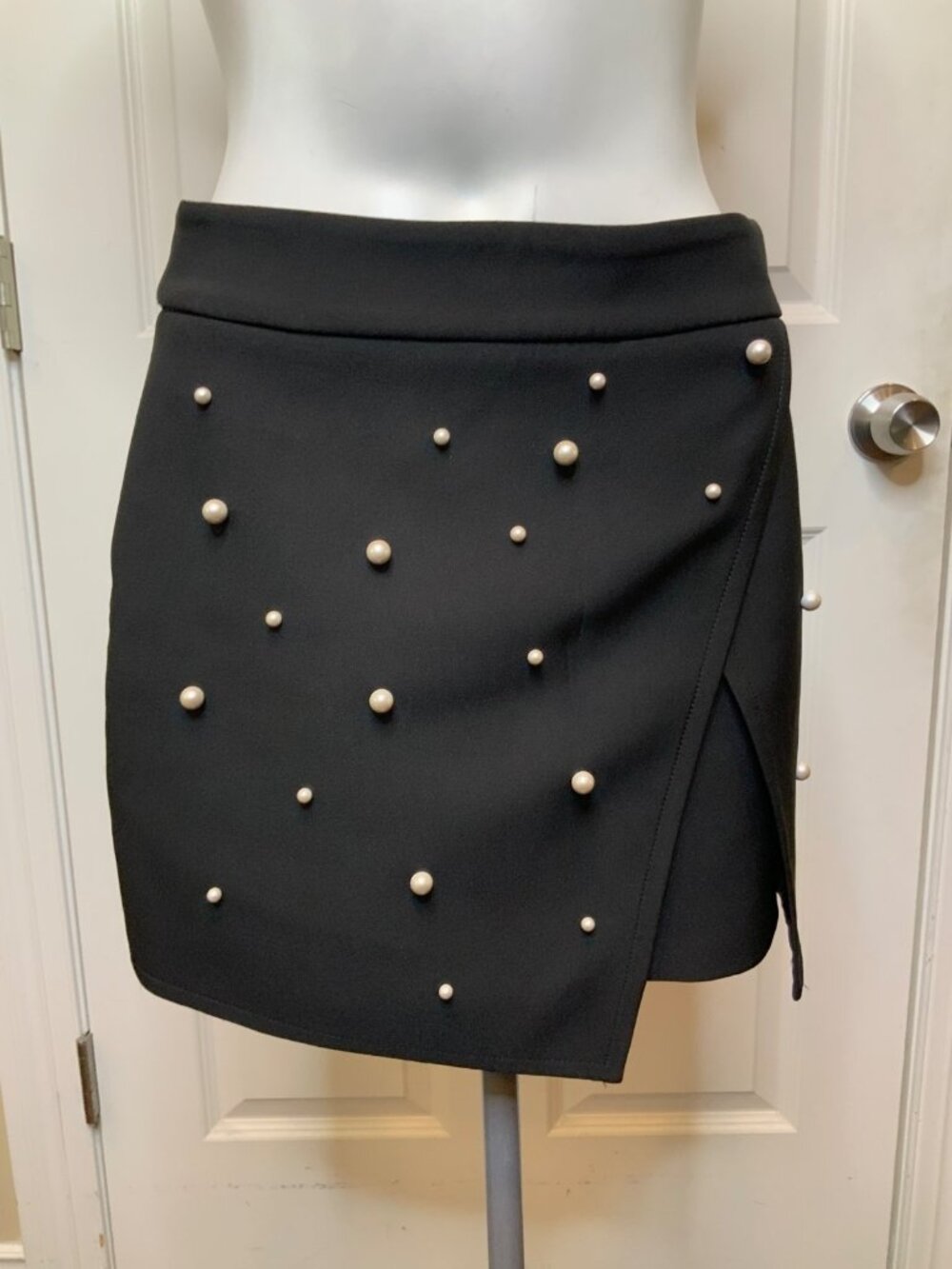 Zara Basic Collection Black Faux Wrap Mini Skirt W/ Pearl Detail, Size S